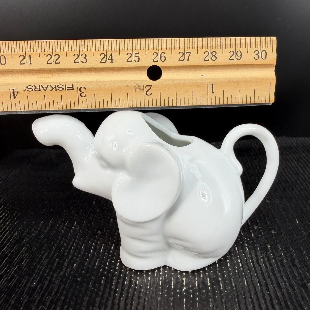 White Porcelain Elephant Creamer Pitcher Glossy Ceramic Animal Coffee Tea Server
